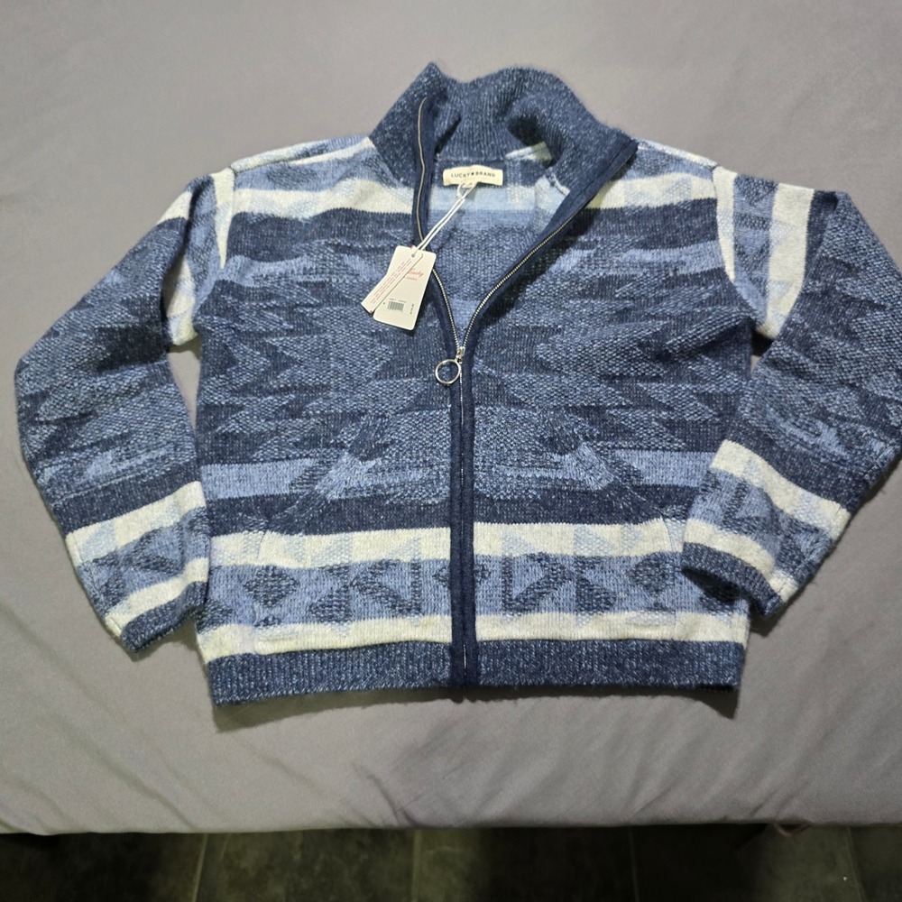 Lucky Brand Cardigan Sweater Womens Medium Zip Southwestern Aztec wool blend